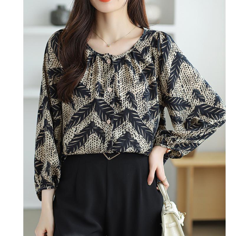 Fashion Elegant Casual Loose Chiffon Shirts Women Long Sleeve Tops Plus Size Women's Blouses Round Neck Slim Vintage Print Shirt Woman Clothing 26340