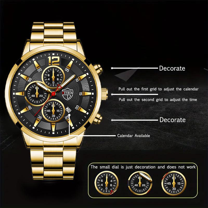 3pcs/set Men's Fashion Calendar Casual Stainless Steel Quartz Watch & Bracelet & Necklace, Men's Gifts