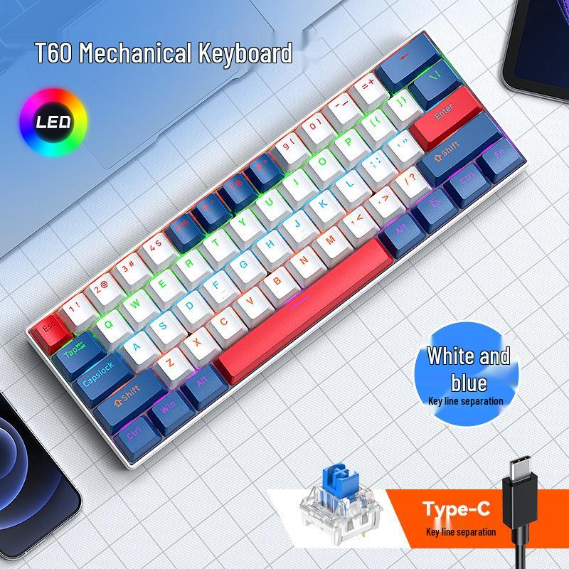 T-WOLF T60 61-Key Hot-Swappable Mechanical Gaming Keyboard with Mixed-Light and Two-Tone Blue Switch (Russian)