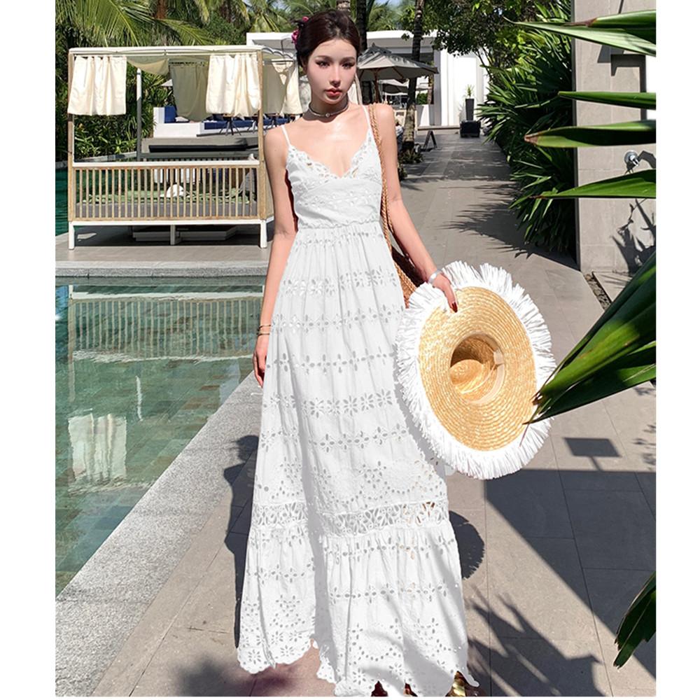 

Бавовняна біла сукня з вишивкою для літніх свят 2024 року для жінок, сексуальні спагетті на бретельках, довга довга сукня з мереживною обробкою, халати M білий