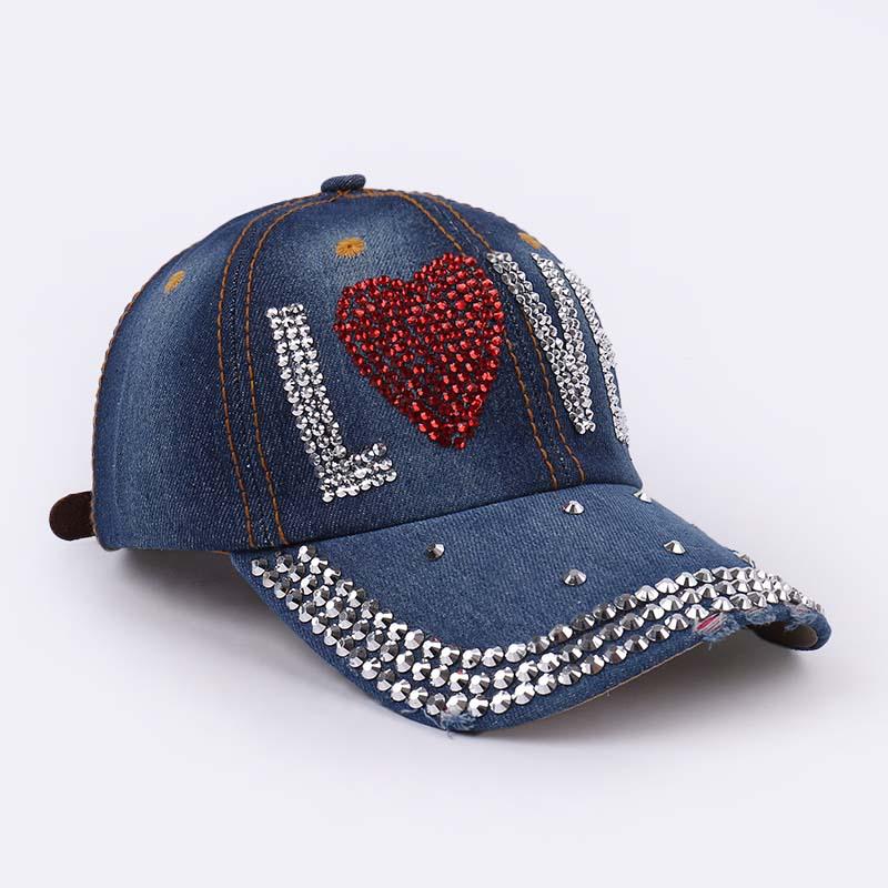 Damen Strass Denim Baseballkappe - Paris Schriftzug Sonnenhut