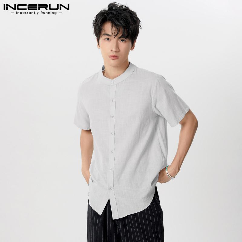INCERUN Men Short Sleeve Bittons Shirts Summer Casual T-shirts