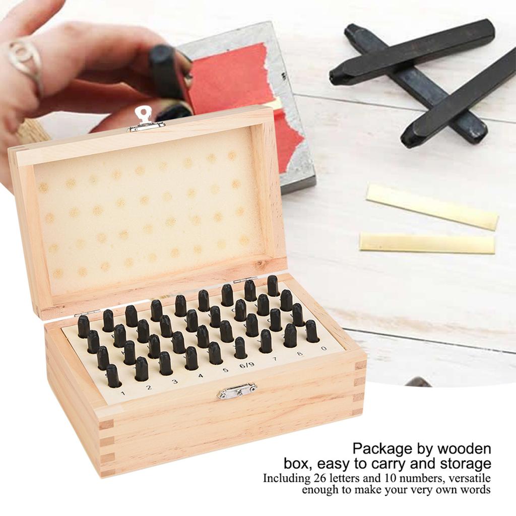 36PCS 5mm Steel Letter & Number Punch Set Alphabet Stamp Die Wooden Box Case