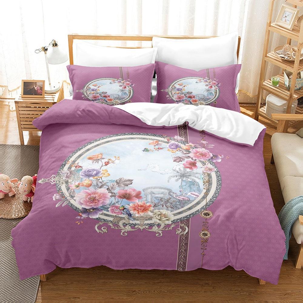 Vintage Court Print Bettbezug, Digitaldruck Blume Feder Dreiteiliges Set