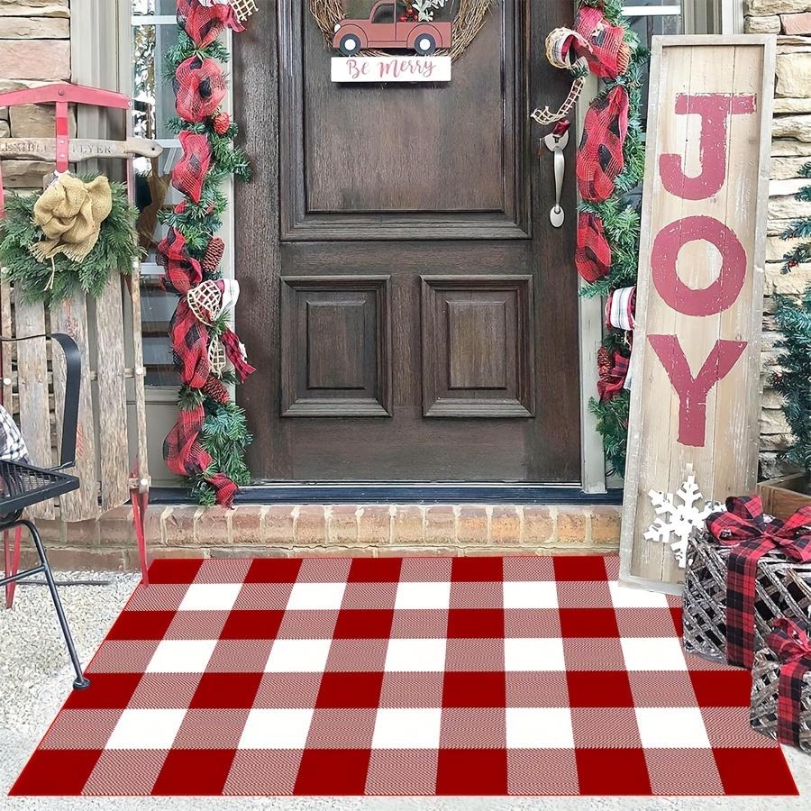 Weihnachts Karierter Outdoor Teppich, Waschbar und Rutschfest, Veranda Teppich Fußmatte, Festliche Heimdekoration