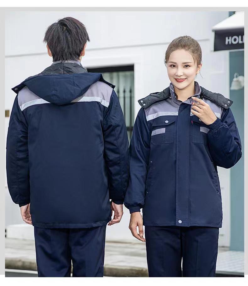 Abbigliamento da lavoro invernale in cotone colorblock riflettente: Giacca e Pantaloni Caldi di Media Lunghezza con Logo Personalizzato