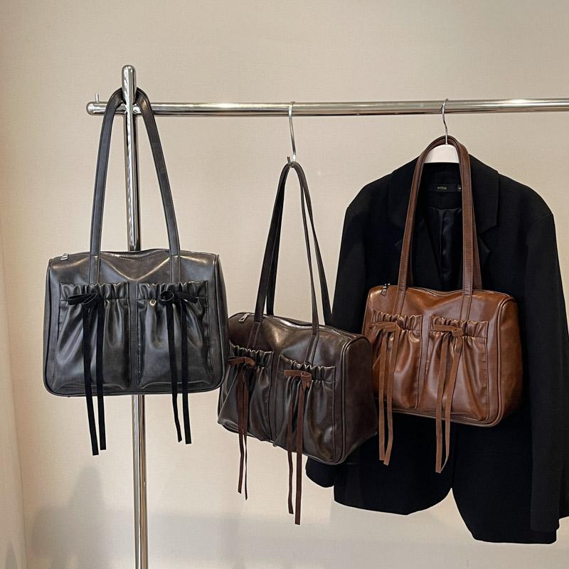 Commuter Vintage Underarm Bag Women's Bow Double Pocket Tote Bag Large Capacity Shoulder Bag