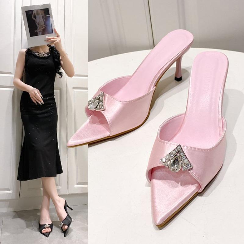 Letnie Nowości 2025 Szpiczaste Sandały na Wysokim Obcasie z Cyrkoniami, Buty na Wysokim Cienkim Obcasie i Damskie Buty Pół-klapki