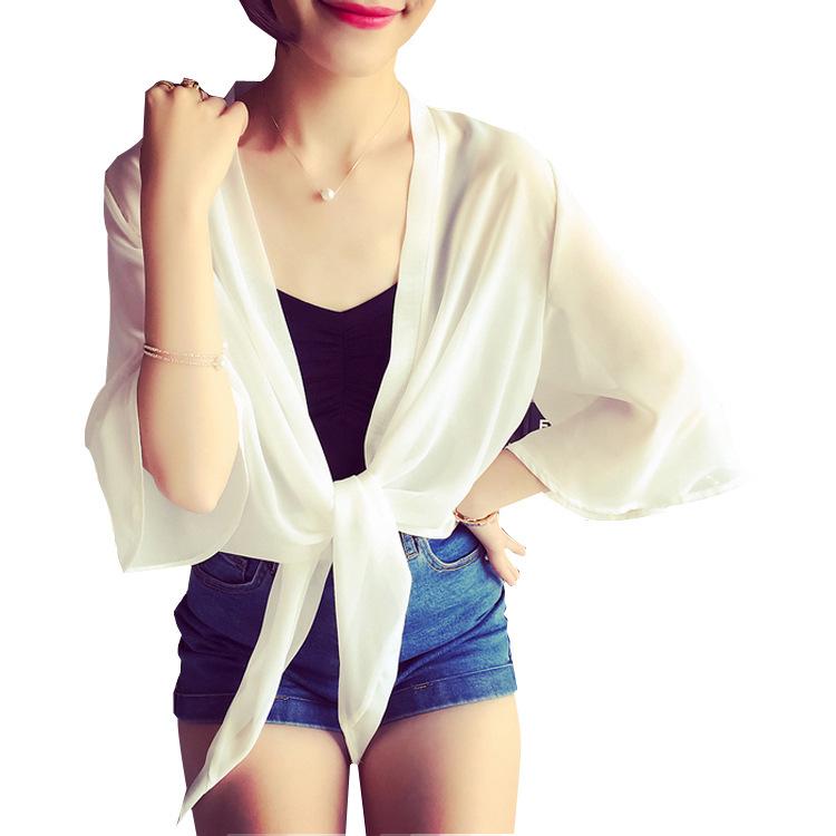 Korean Chiffon Sun Protection Shawl Jacket - Women's Fashion Black & White Beachwear