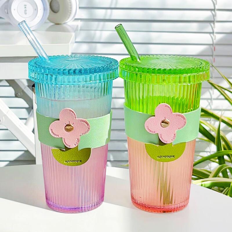 Gradient Vertical Stripe Glass Straw Cup with Leather Sleeve