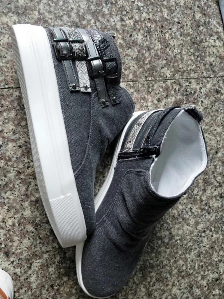 Ladies Canvas Shoes 2024 Autumn High Top Belt Buckle Women Casual Loafers Flats Plus Size Zipper Denim Women Shoes Zapatos Mujer