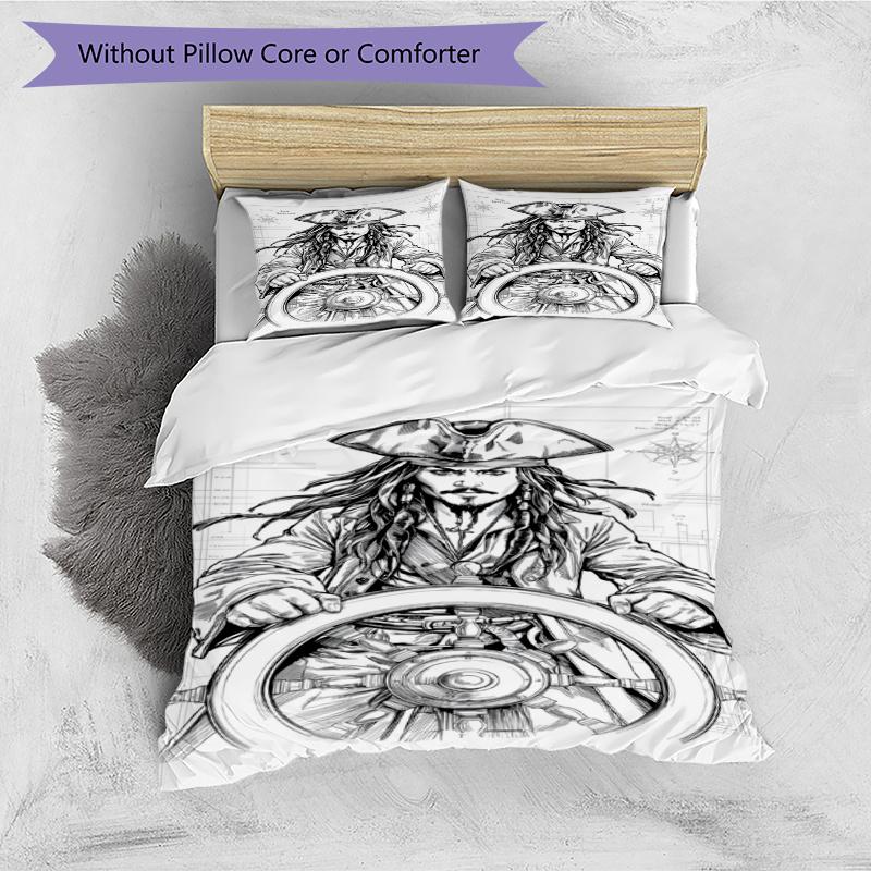3pcs Duvet Cover Set (1*Duvet Cover + 2*Pillowcase, Without Core), Captain Jack Sparrow Print Bedding Set, Bedroom Decor, All‑Season, Gift