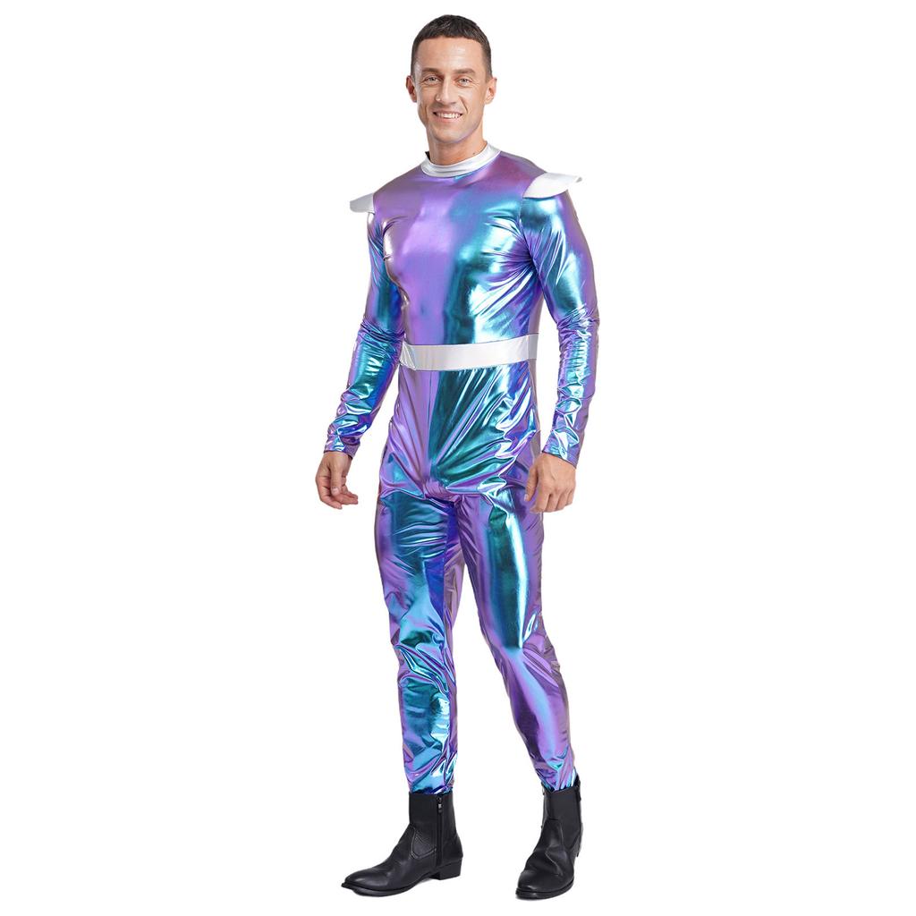 One-Piece Outer Space Costume for Men M-3XL: Easy Wear Long Sleeve Jumpsuit, Combines Cute & Robotic Styles for Photos