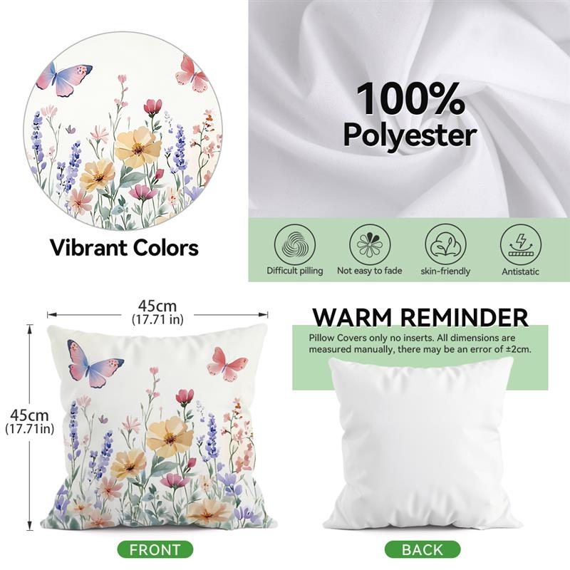 1Pc Spring Butterfly And Flowers Pillow Cover For Home Living Room Bedroom Sofa Office Decorative Pillowcase Soft Throw Pillows