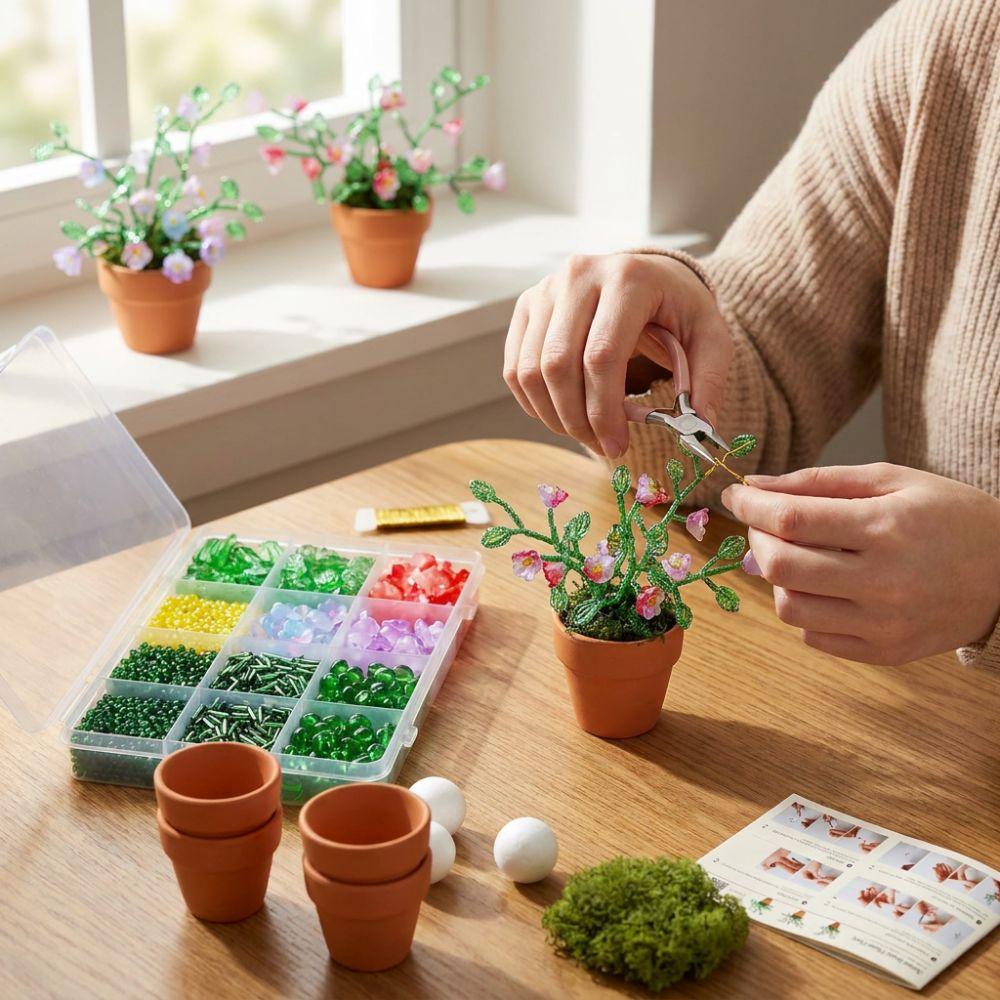Self-make Beaded Flower Leaf Craft Set Succulent Cactus Glass Bead Floral Craft Box Jewelry Making