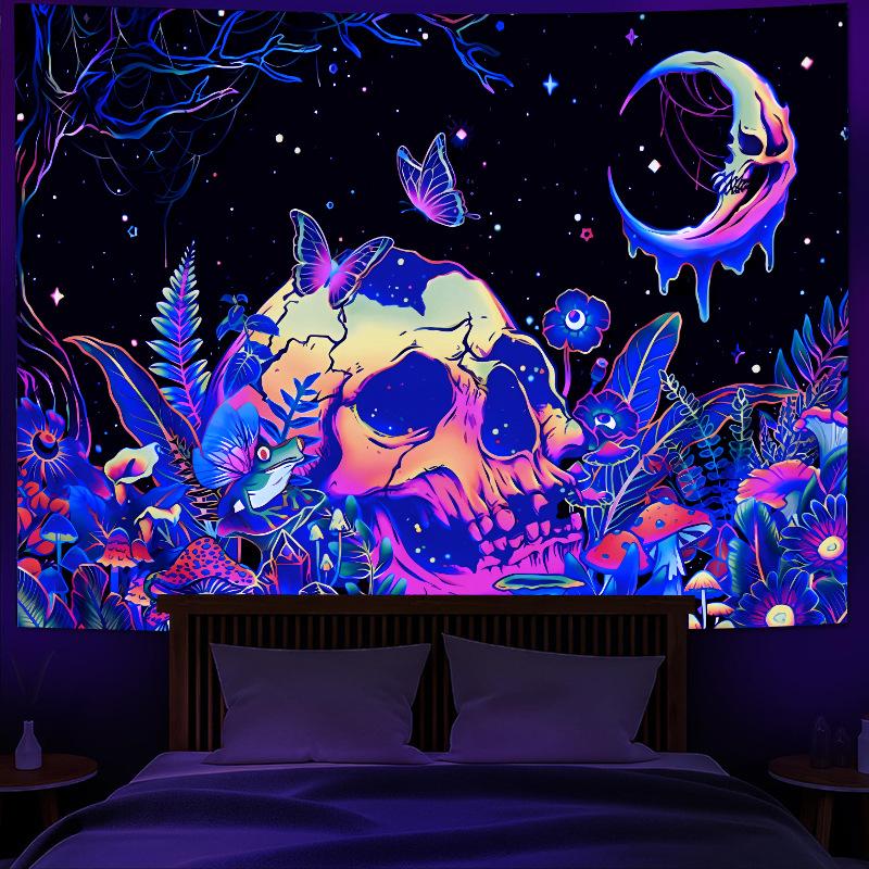 Blacklight Skull Tapestry Polyester Wall Hanging Trippy Psychedelic Moon Tapestry for Bedroom Room Decoration