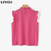 VONDA Summer Women Ruffled Neck Sleeveless Solid Color Casual Tank Tops