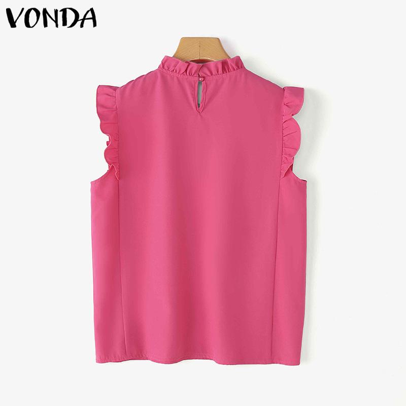 VONDA Verano Mujer Cuello con Volantes Sin Mangas Color Sólido Casual Camisetas de Tirantes
