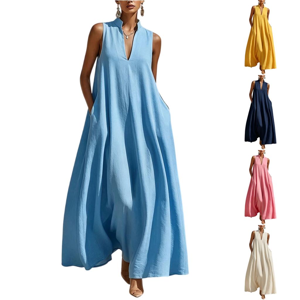 Women Sleeveless Maxi Dress V Neck Loose Fit Wide Swing Casual Summer Vacation Long Dress with Pockets