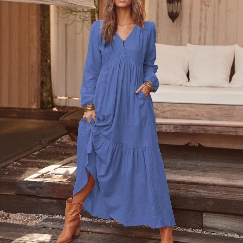 Retro Lässiges Langarmkleid mit großem Saum Langer Rock Mehrfarbig