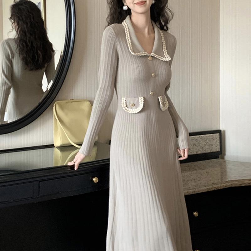 French Long-Sleeve Sweater Dress: Lapel Buttons, Contrasting Colors, High Waist, Slim-Fit Knitted Design