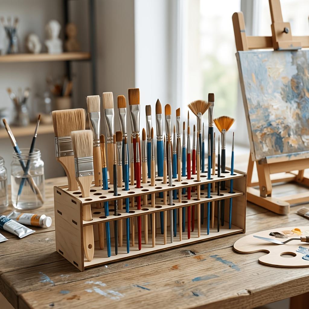 Wooden Paint Brushes Stand, Detachable Porous Desktop Organizer, Painter'S Tool Storage Rack, Home Studio Universal