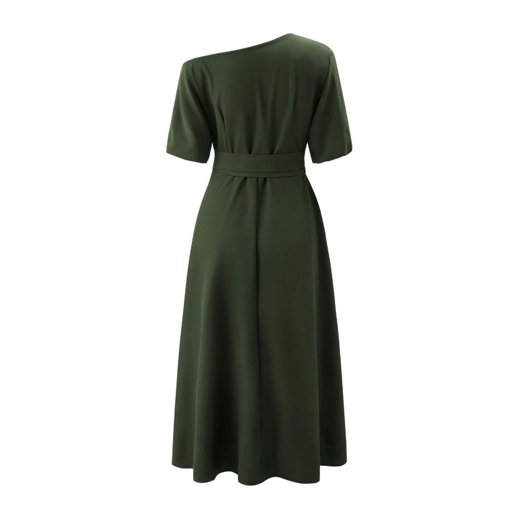Elegant Women's Fashion Green Diagonal Neck Middle Sleeve Casual Dress Women's Casual Retro Long Dress