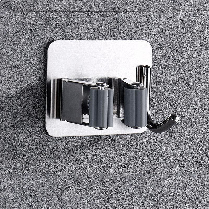 Houseeker Stainless Steel Mop Clip With Hook Bathroom Toilet Broom Storage Rack Mop Brush Towel Holder