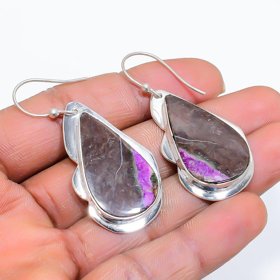 Purpurite Gemstone Handmade 925 Sterling Silver Jewelry Earring 1.97" SU-10139