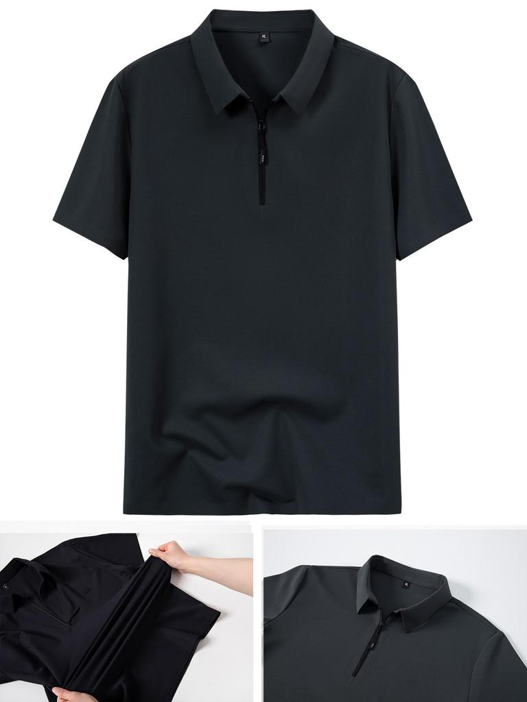 Men's Plus Size Summer Short Sleeve Zipper Polo - Casual, Breathable, High Elastic Pique Mesh Top
