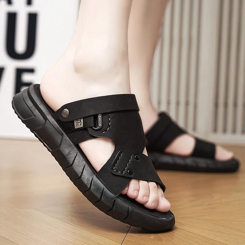 Fashion Men's Summer Fashion Sandals Thick Bottom Anti-slip Casual Beach Shoes Soft Leather Breathable Two-use Slippers