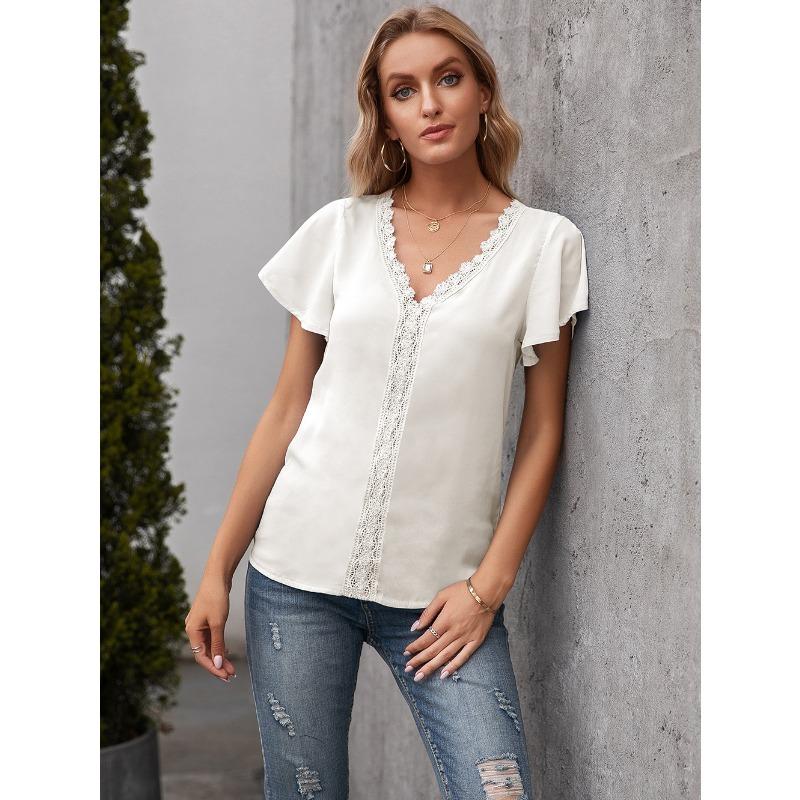 Sommer Einfaches Temperament Damen T-Shirt V-Ausschnitt Lässige Lose Hohle Kurzarm Tops