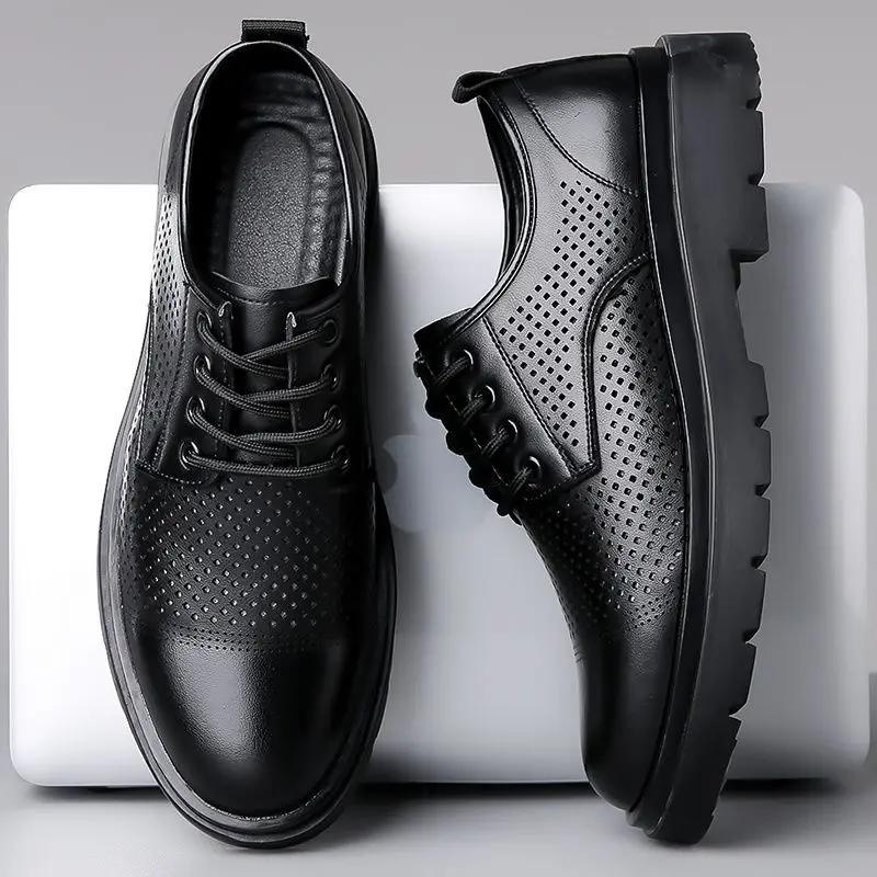 Fashion Hollow Lace-Up Platform Men's Leather Shoes Fashion 2025 In Promotion Retro Social Common Elegant Trend Pu New Male Casual Shoe