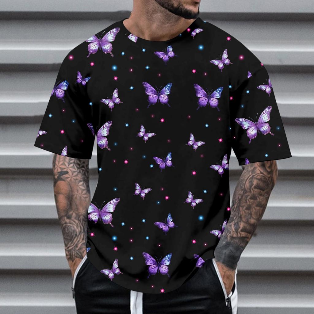 Fashion Men's Short Sleeve Round Neck Colorful Butterfly Printed Top Blouse