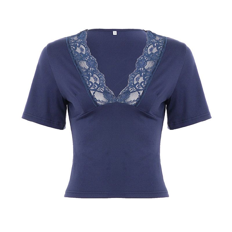 

American Street Style Lace Patchwork Deep V-Neck Shorts, Crop Top Short-Sleeve T-Shirt, Sexy Slim-Fit Solid Color Versatile Top Blue S
