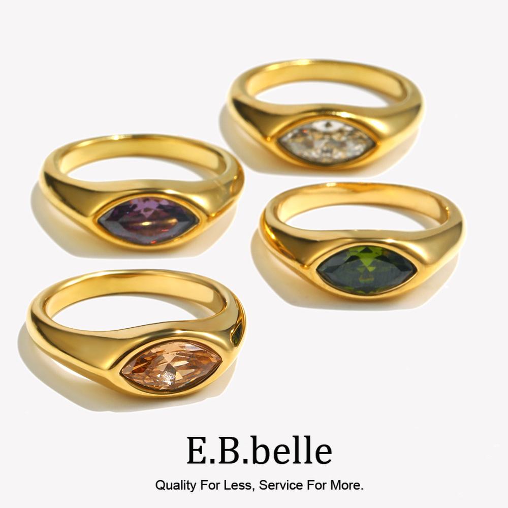 E.B.belle Anello Sigillo Zircone Occhio di Cavallo Colorato Ipoallergenico Acciaio Inossidabile 316L Decorazione Gioiello Placcato Oro 18K