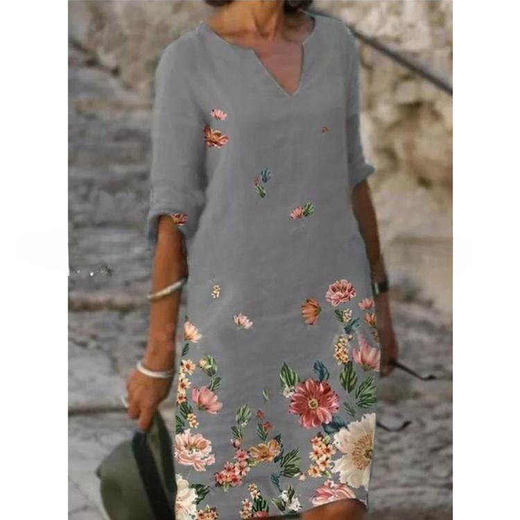Women's Fashion Summer Spring Flower Pattern Print 1/2 Sleeves V-Neck Loose Waistline Casual Dresses