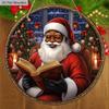 Black Santa Claus Wooden Christmas Sign - Navidad Round Sign for Yard Door Wall Hanging Decor - Ideal Christmas Decoration