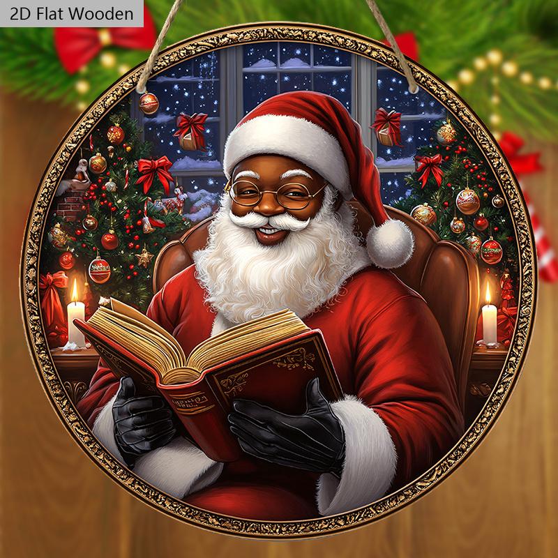 Schwarzer Weihnachtsmann Holzweihnachtsschild - Navidad Rundes Schild für Hof, Tür, Wandbehangdeko - Ideale Weihnachtsdekoration