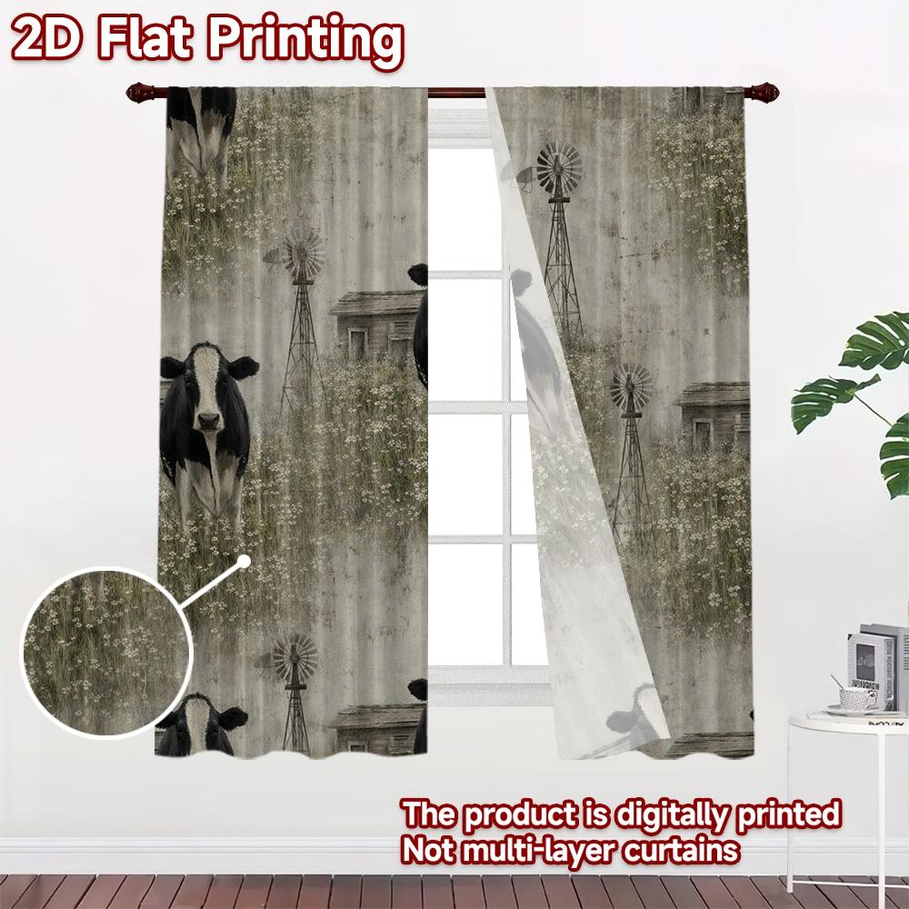 2D FLAT PRINTING 2pcs Curtains (Without Rod) Cows and Windmills Fields Popular Light Filtering Curtains Semi-Sheer Curtains