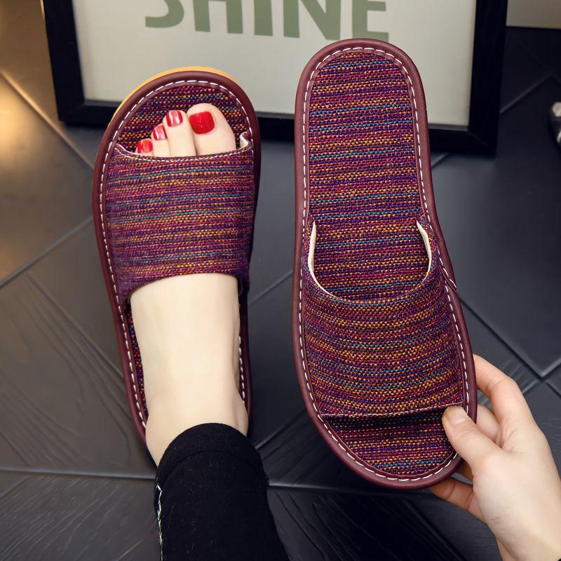 Summer linen slippers men's home indoor soft bottom floor non-slip breathable home fabric cool slippers women's summer