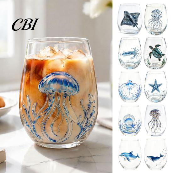 Elegant Celebration Glass Gift Marine Animal Theme Clear Tumbler, Handcrafted Painted Glassware, Handmade Borosilicate Glassware Creative Unique