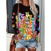 Women's Casual T-shirt Long Sleeve, Women's Tops Colorful Cartoon Dog and Paw Print Long Sleeve Crew Neck T-shirt