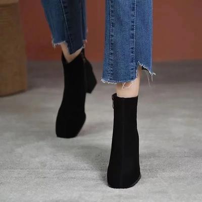 Pointed Toe Square Heel Autumn Winter 2024 Women Shoes for Boots Square Toe Chunky Heel Winter Platform Plus Velvet Block Heel