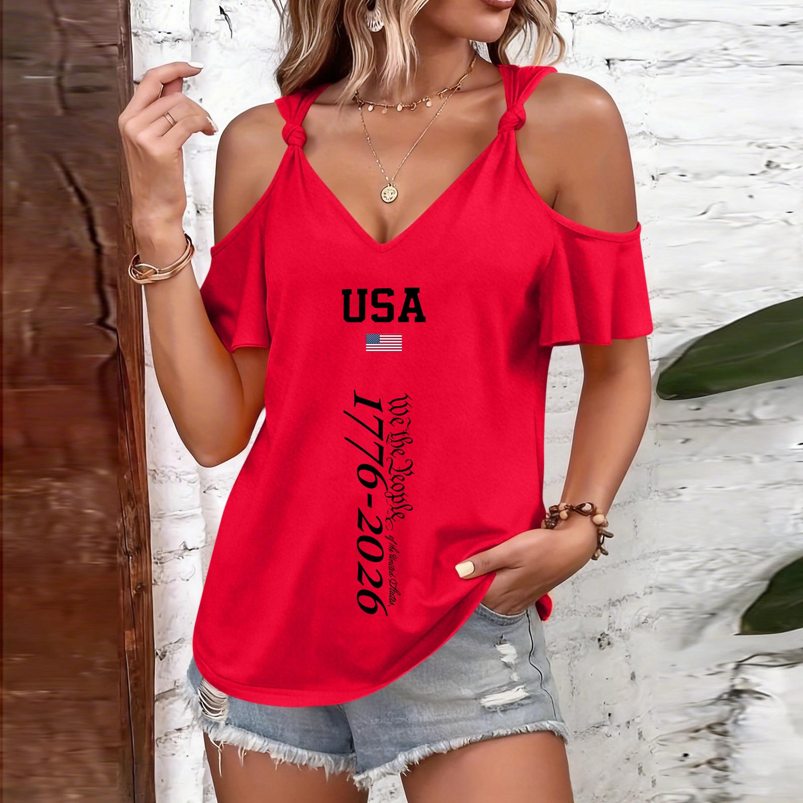 

Short Sleeve Blouses for Women USA Print Cold Shoulder Women s Short Sleeve Tops Summer Casual Womens Short Sleeve Blouses Loose Fit L красный
