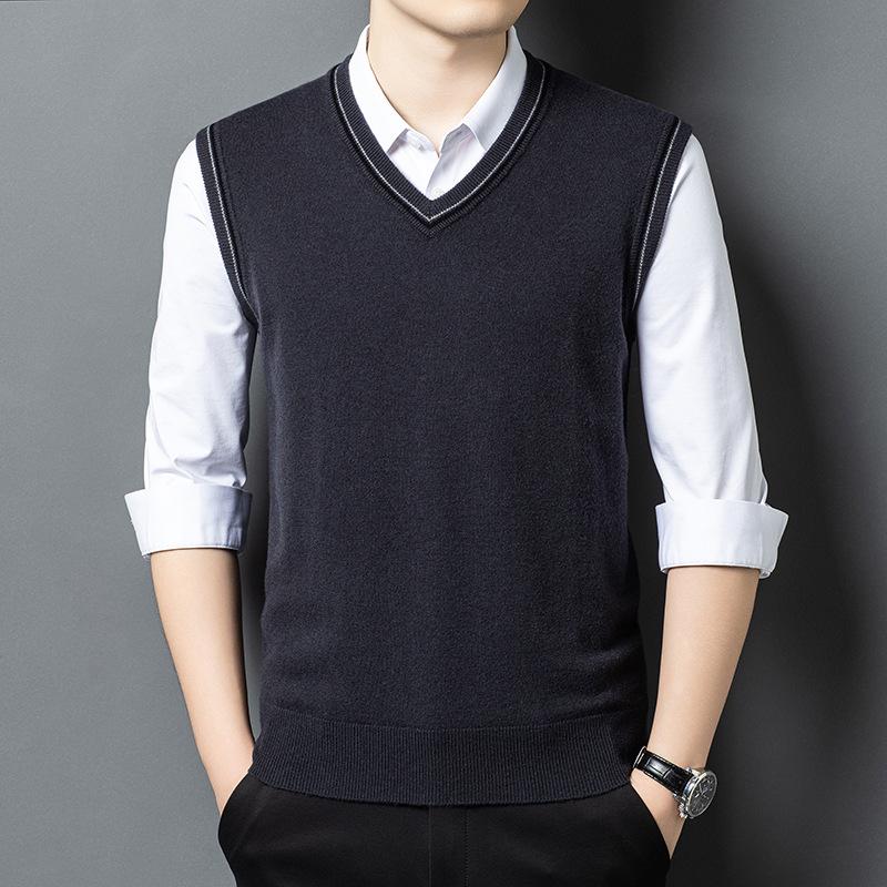 100% Wool V-Neck Knit Sweater Vest - Autumn 2025 Business Casual for Middle-aged Men