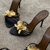 Fashion 2025 Summer Sexy Stiletto Heel Sandals for Women Floral Metal Decor Party Slippers Fashion Dressy High Heel Open Toe Slippers
