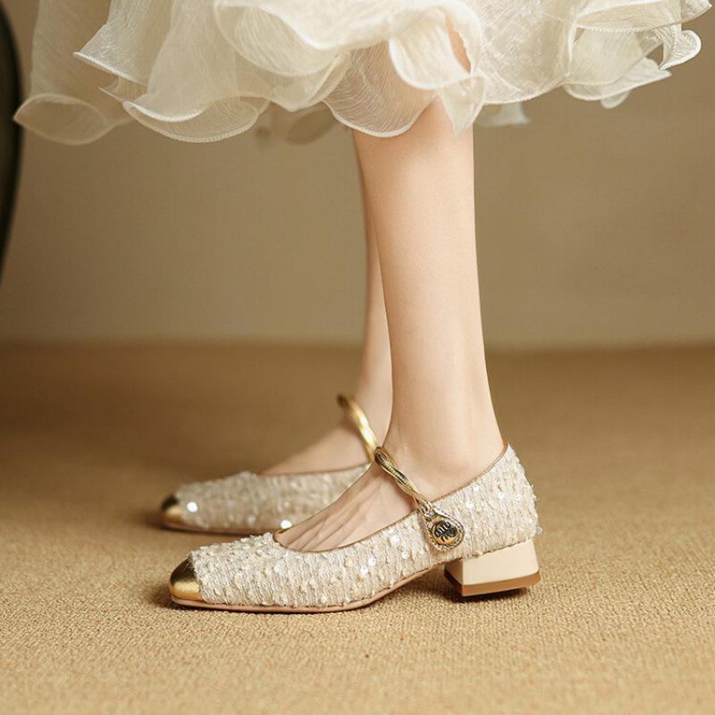 New Four-season Wear Single Shoes Women's Buckle Rubber Sole Low Heel Round Head Sequined Women's Casual Single Shoes Large and Small Size Shoes