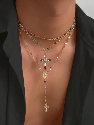 Vintage Multi-Color Rhinestone Cross Necklace Set for Women Girls, Trendy Daily Vibrant Christmas Birthday Holiday Gift Idea
