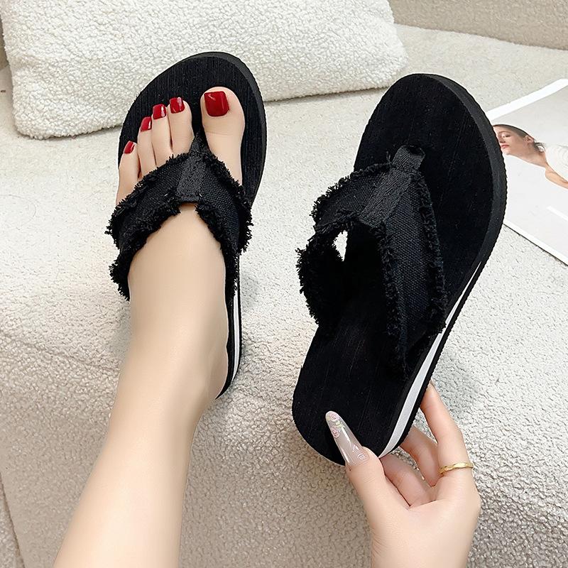Slippers Women's Summer Casual Outerwear Slope Heel Thick Sole Solid Color Canvas Rough Edge Beach Shoes Seaside Sandals Flip-flops